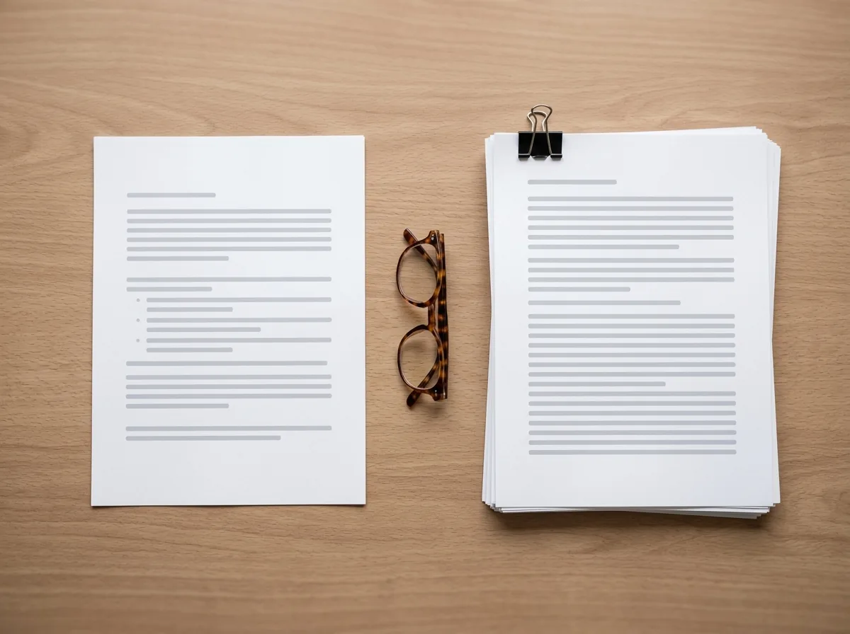 Two documents side by side on a desk: a single page and a thicker stapled multi-page document