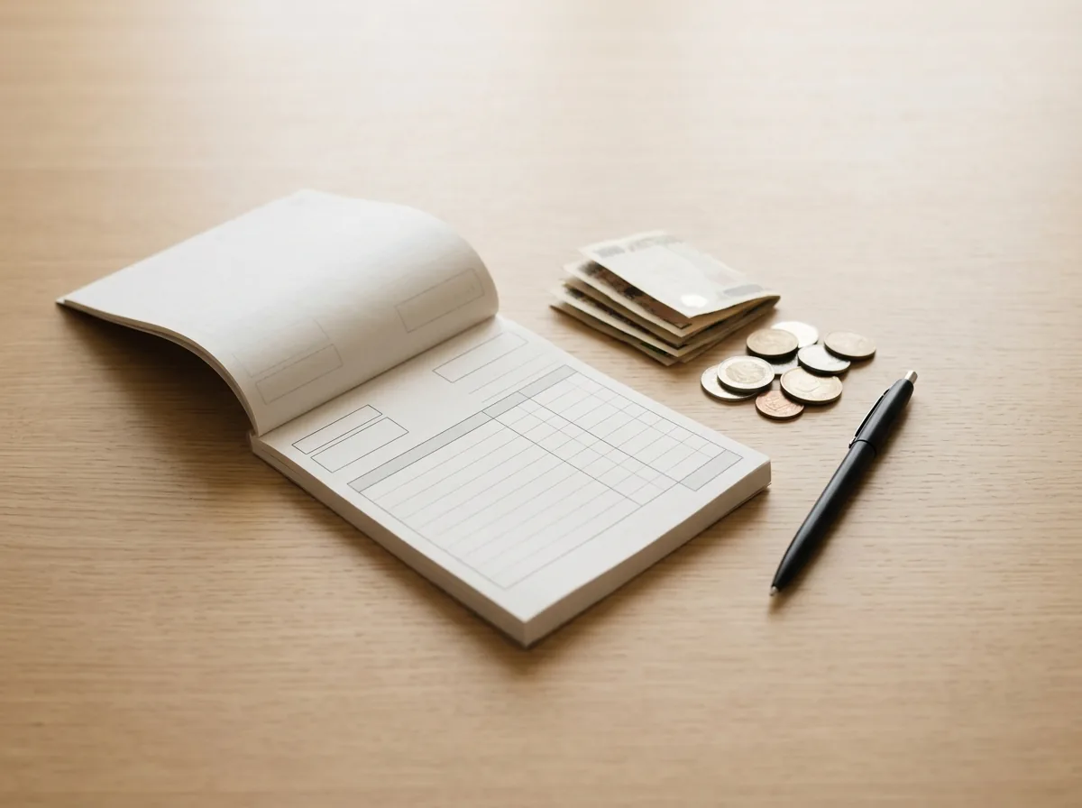 A receipt book open on a table with a few banknotes and a pen beside it