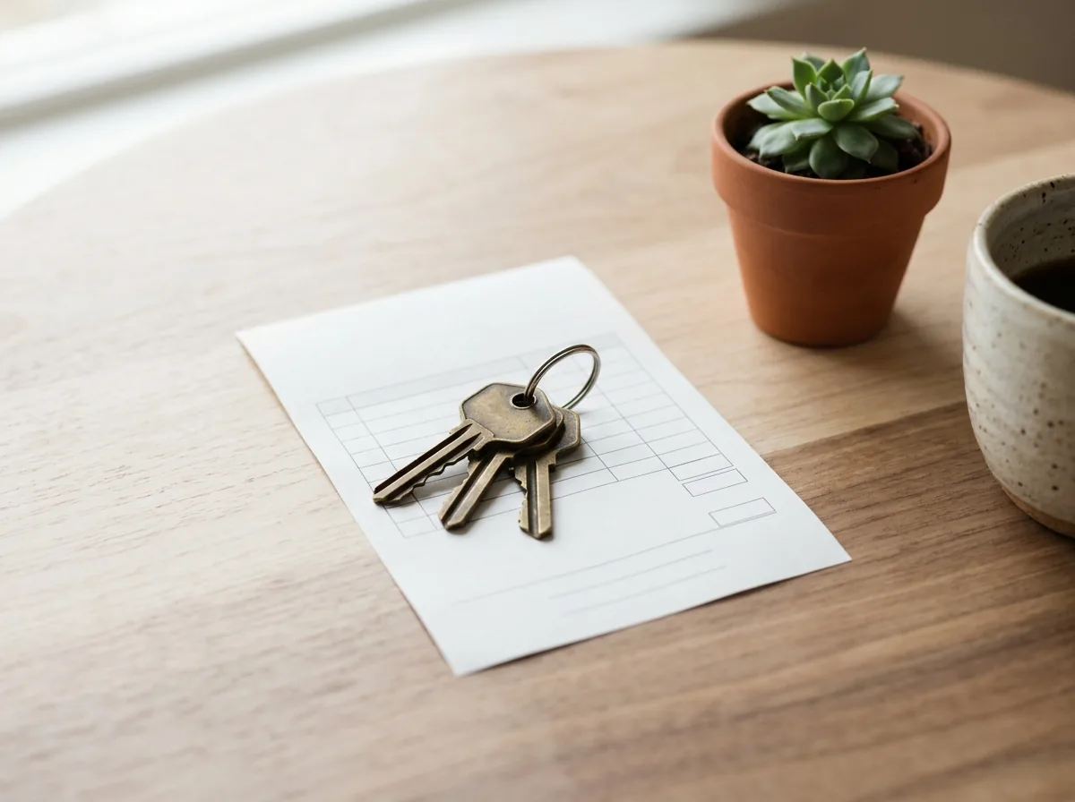 A set of house keys resting on a paper rent receipt beside a small potted plant