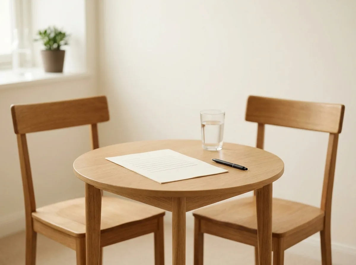 Two chairs at a small meeting table with a single document and a pen between them
