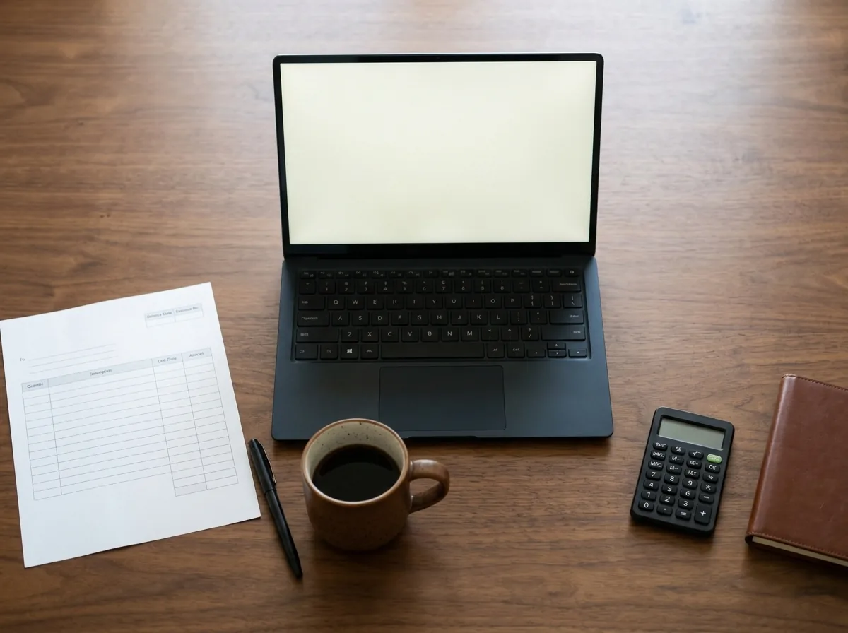 A freelancer's desk with a laptop, a printed invoice, a calculator and a cup of coffee