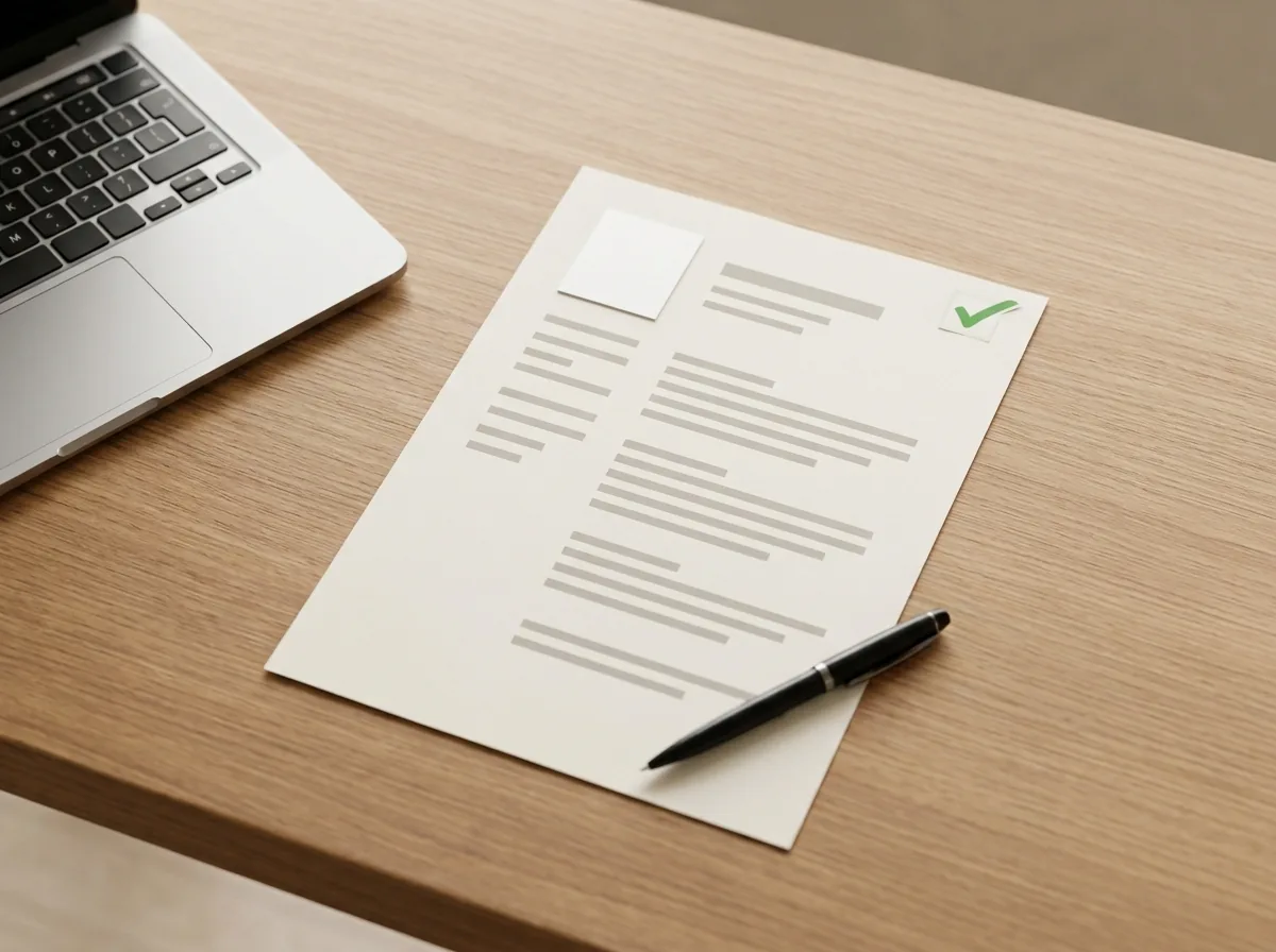 A printed one-page resume on a wooden desk beside a laptop, with a pen resting across the page