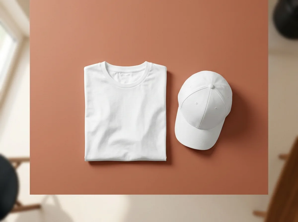 A plain white t-shirt and a white baseball cap laid flat on a clay-coloured background