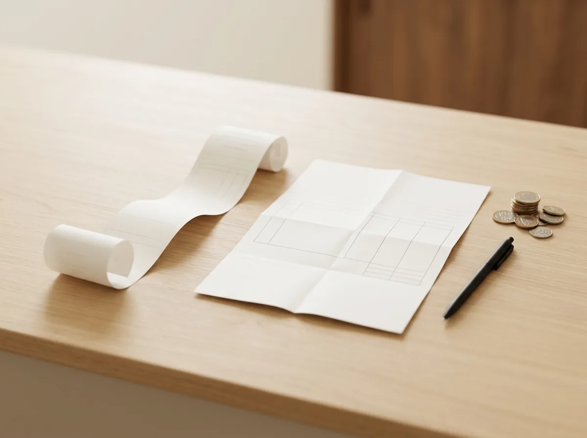 A long paper till receipt curled beside a folded A4 invoice on a wooden counter