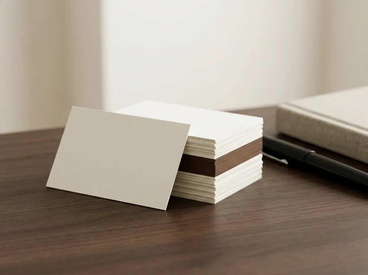 A small stack of blank business cards on a walnut desk beside a pen and a notebook