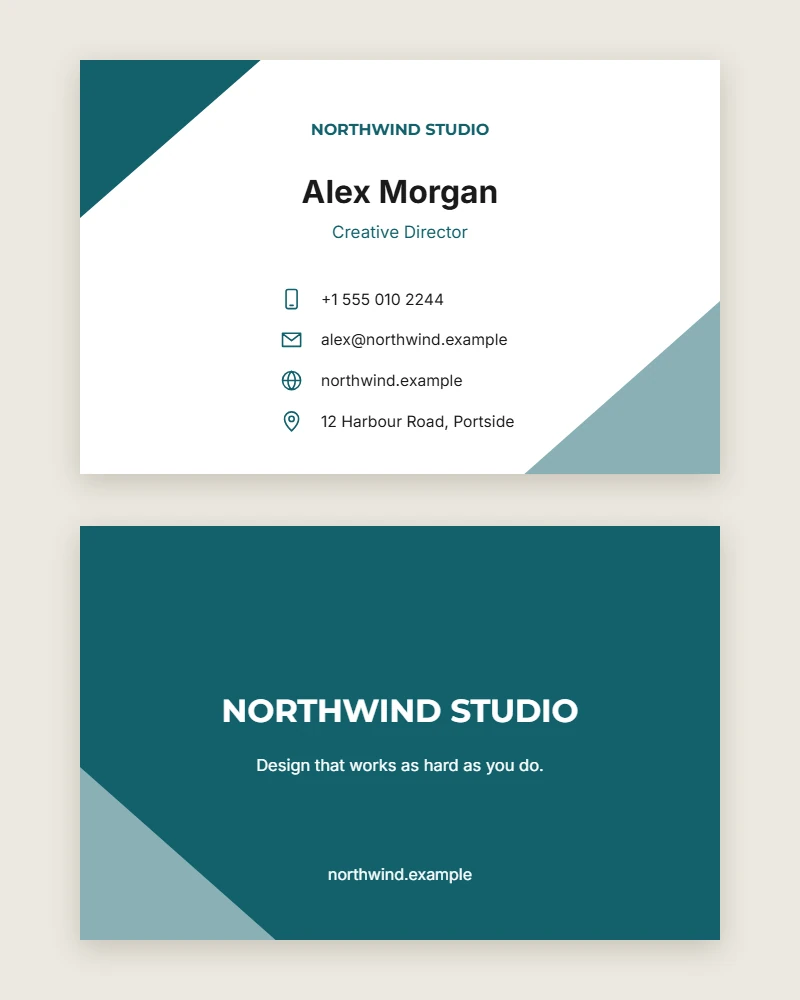 Corner Accents Business Card template with contact icons, front and back