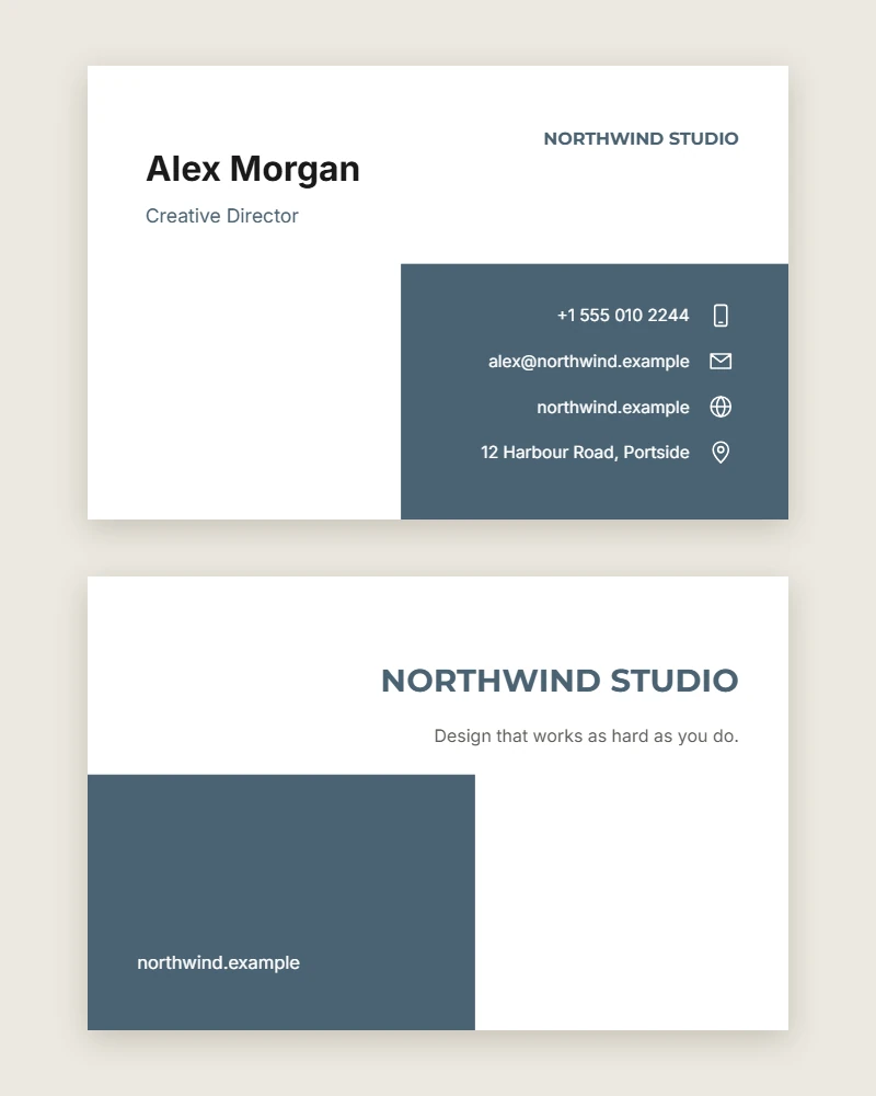 Corner Block Business Card template with contact icons, front and back