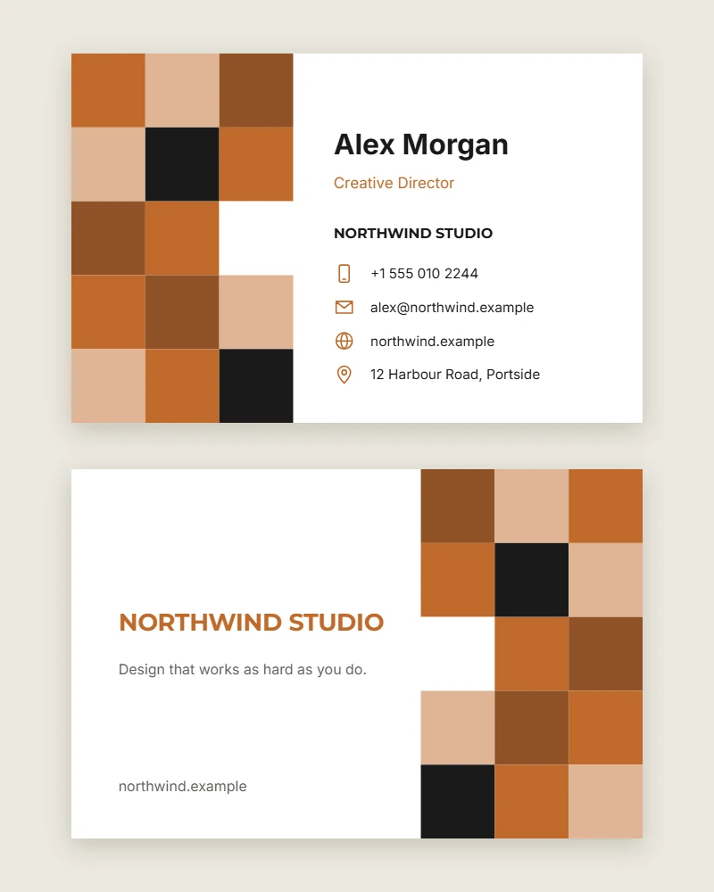 Mosaic Business Card template with a grid of coloured squares and contact icons, front and back