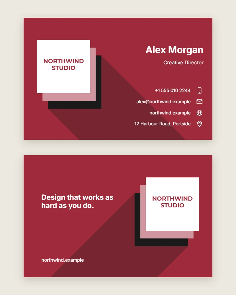 Paper Cut Business Card template with stacked squares and contact icons, front and back