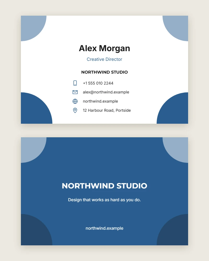 Quarter Circles Business Card template with a quarter circle in each corner and contact icons, front and back