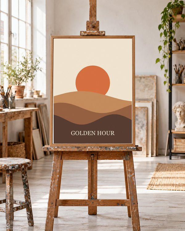 A wooden frame standing on a paint-splattered easel in a sunlit artist's studio
