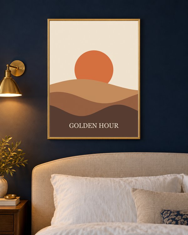 A slim gold frame on a navy bedroom wall above a linen headboard