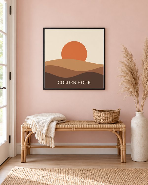A square black frame on a blush pink hallway wall above a rattan bench