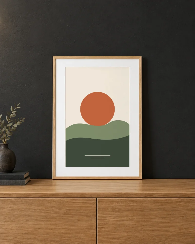 Leaning Wood Frame Poster Mockup with a sample design applied